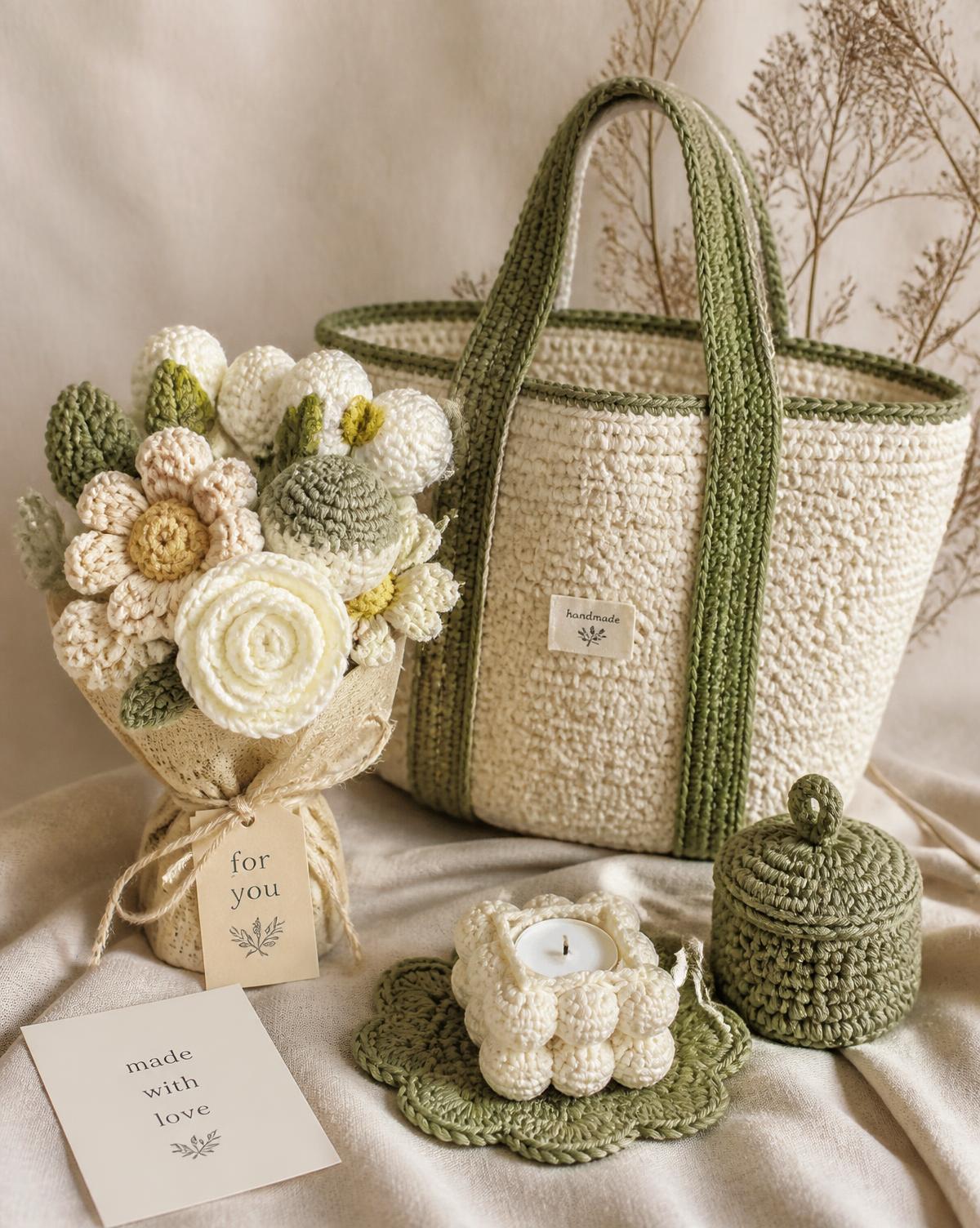 Crochet flower bouquet and cotton tote bag